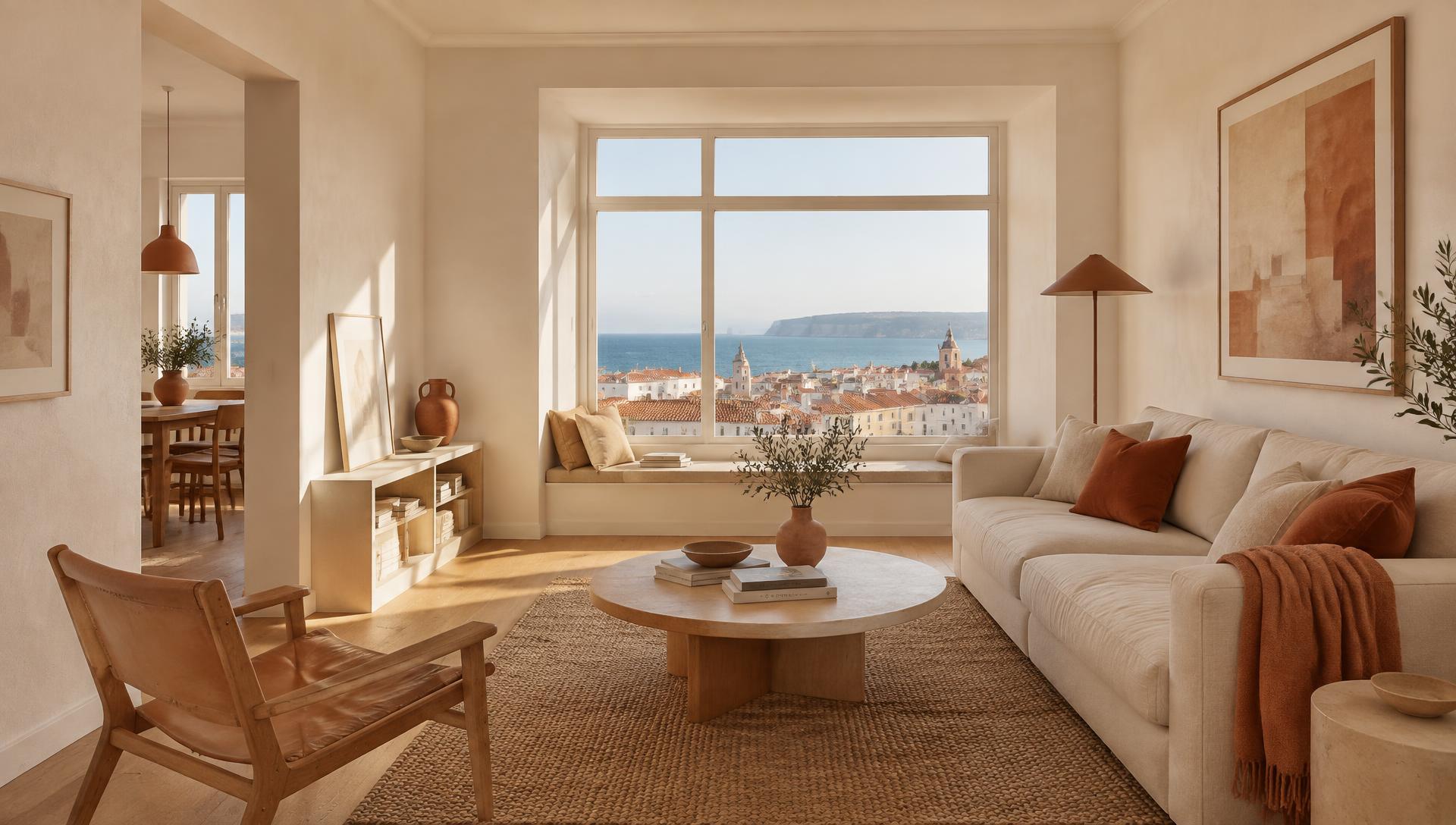 Sala de estar luminosa do apartamento remodelado em Peniche com vista para o mar