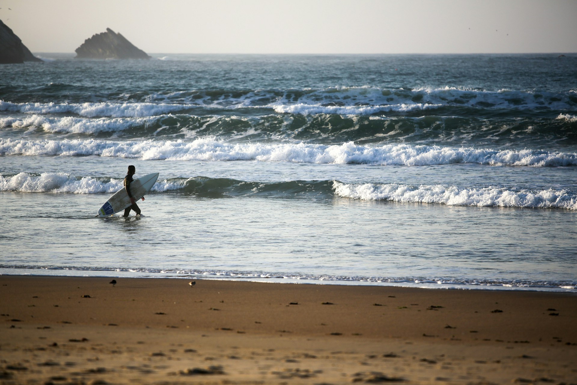 Surfista a entrar no mar em Supertubos, Peniche